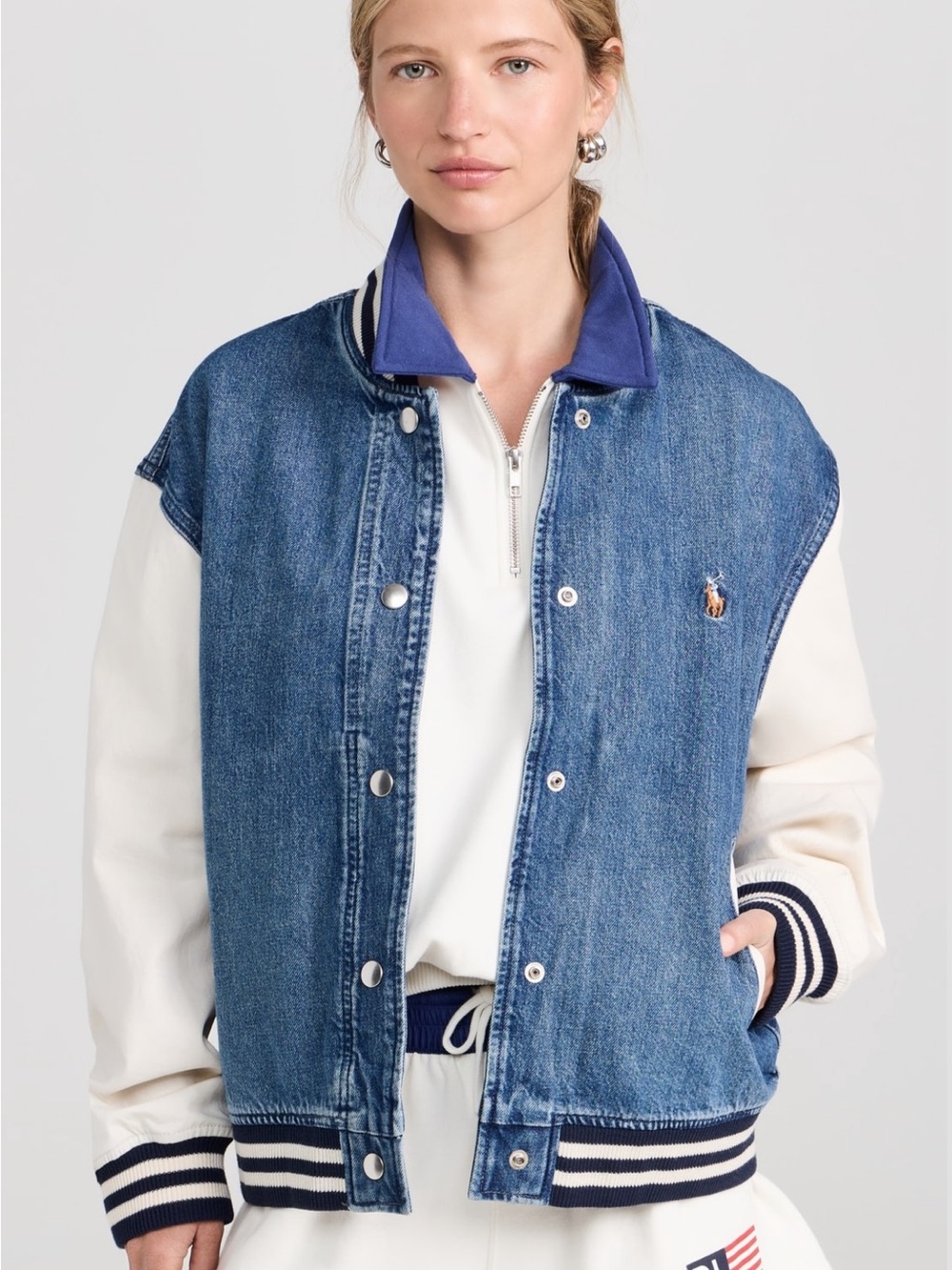 Polo by Ralph Lauren Denim Body with Cream Sleeves Varsity Jacket